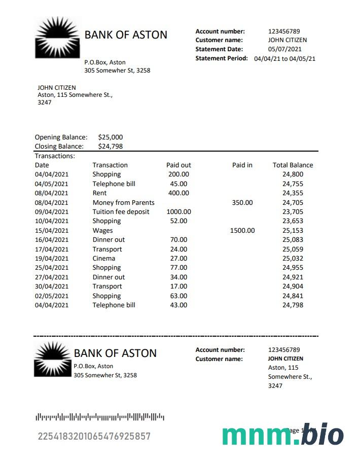 Szablon wyciągu bankowego w Wielkiej Brytanii Bank Of Aston w formacie Word i PDF, dobry do udowodnienia adresu